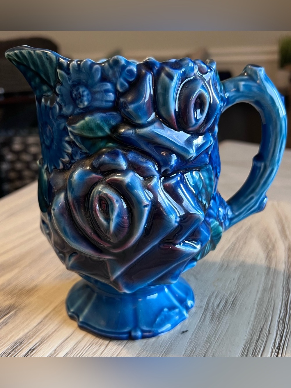 Vintage Royal Bouquet Unicorn Japan Blue Floral Ceramic Pitcher Vase